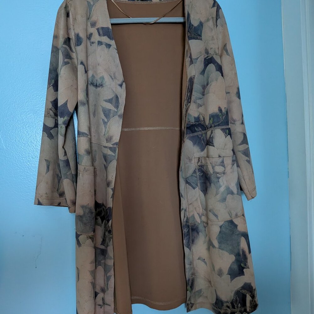 Anthropologie Solitaire Faux Suede Open-front Floral Long Jacket Size S